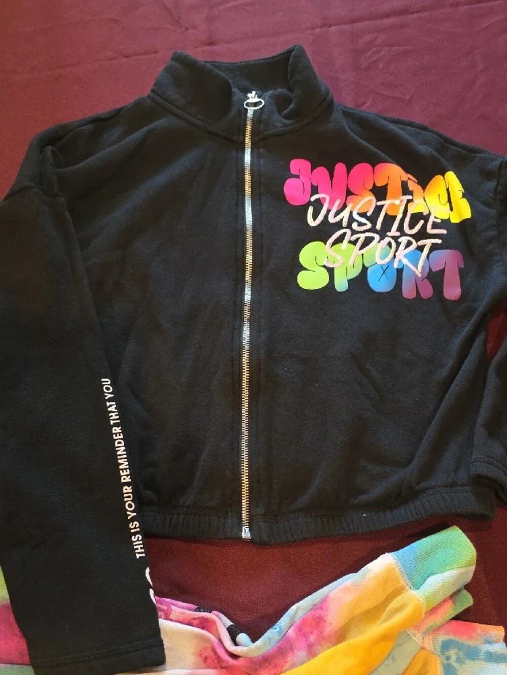 Justice Black Zip Jacket with Rainbow Tie-Dye Leggings